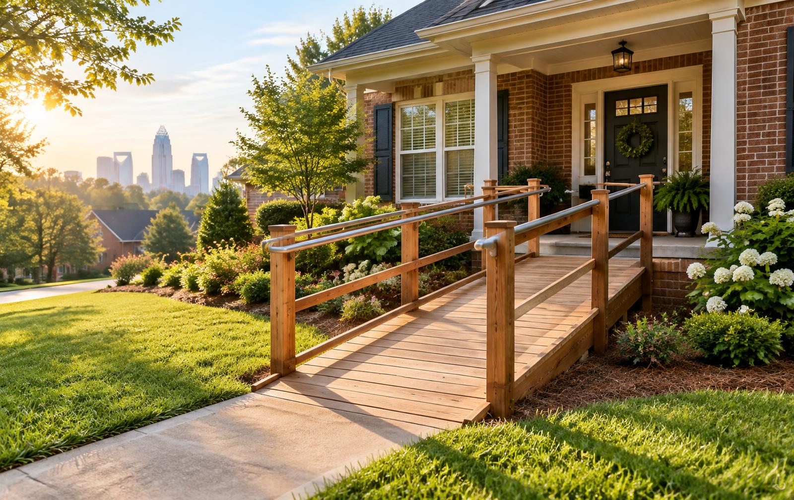 Wooden wheelchair ramp leading to the front porch of a brick home near Charlotte
